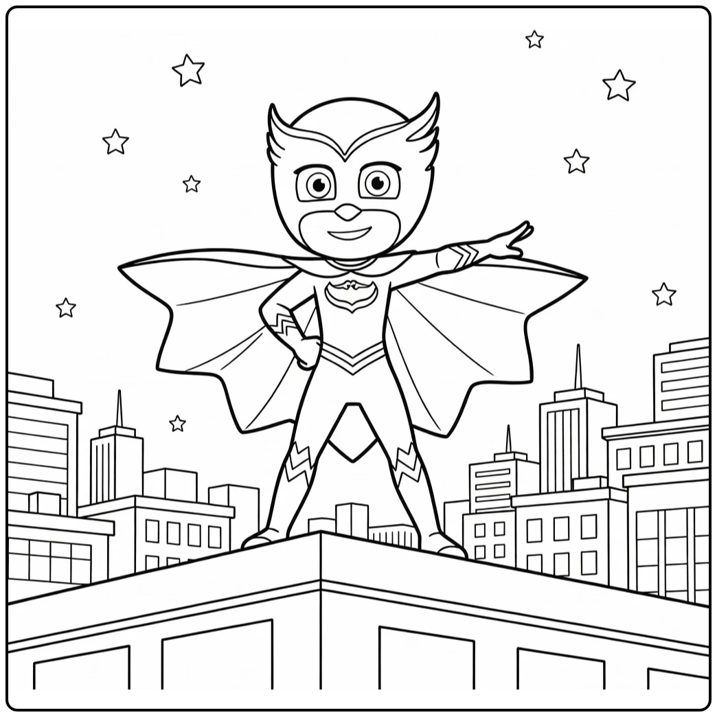 Owlette Heroic on Rooftop with Stars coloring page