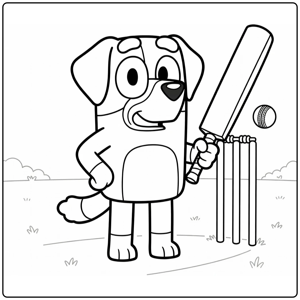 Bluey Cricket Playing Pat in Garden coloring page