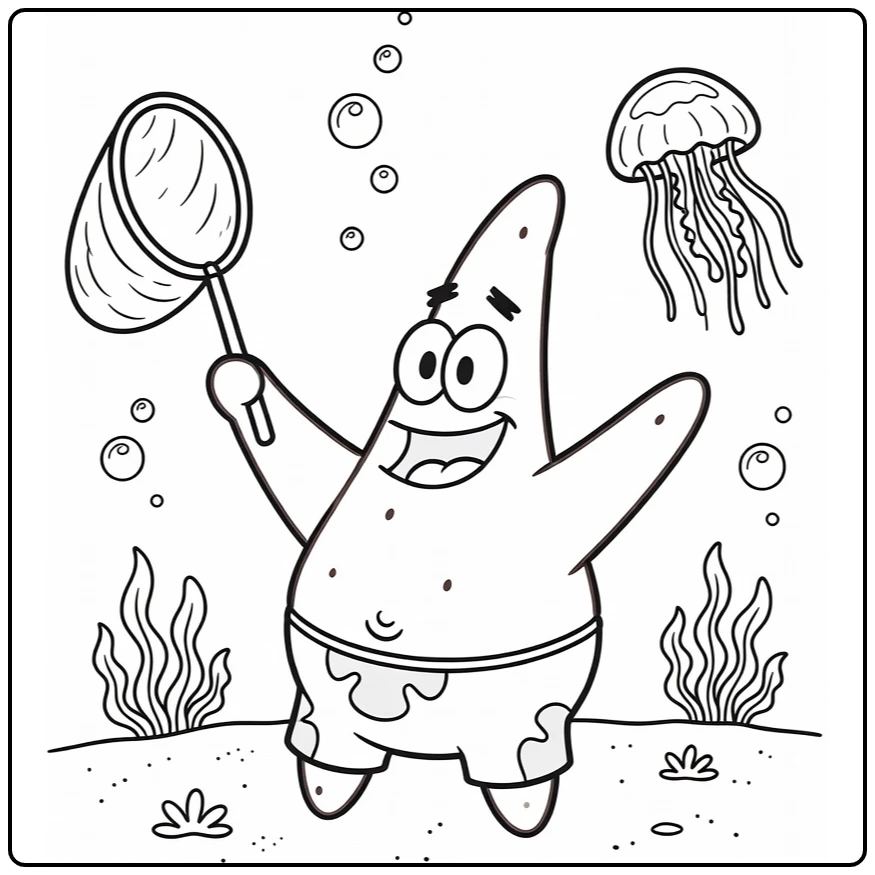 Patrick Star Jellyfish Net and Bubbles coloring page