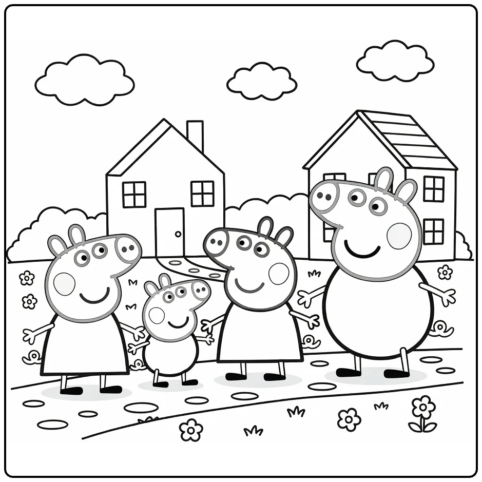 Peppa Pig Family with George, Mommy Pig, and Daddy Pig at Home coloring page