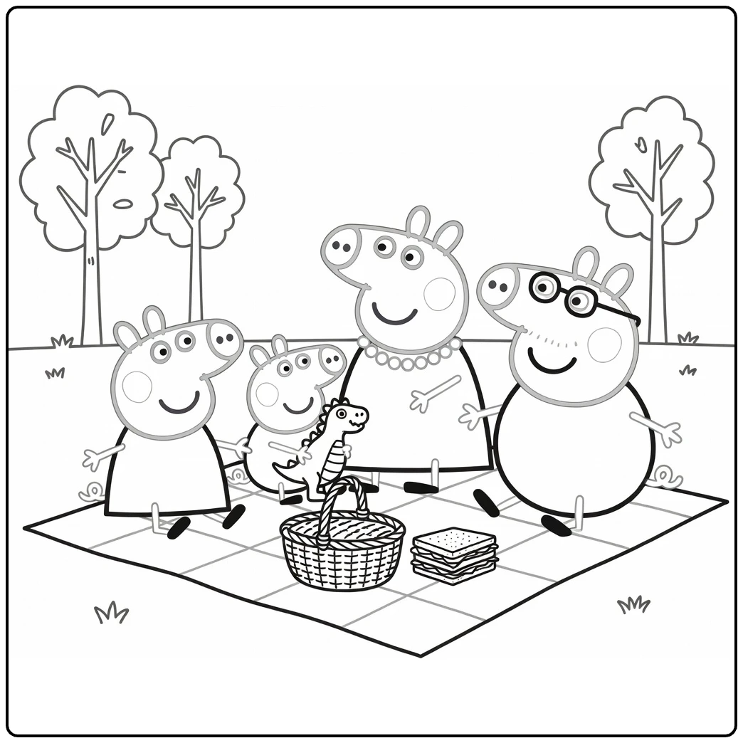 Peppa Pig Family Picnic on Blanket with Trees coloring page