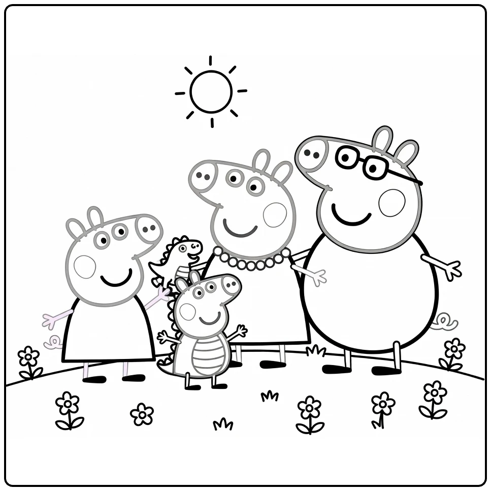 Peppa Pig Cheerful Family Together Outside coloring page