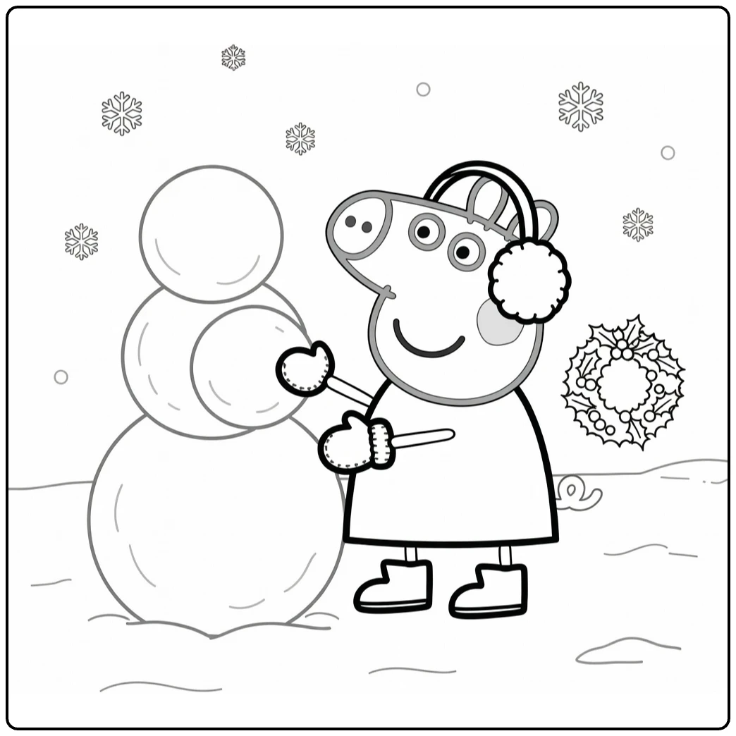 Peppa Pig Christmas Building Snowman Outside Cheerful coloring page