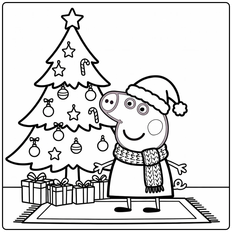 Peppa Pig Santa Style with Christmas Tree coloring page