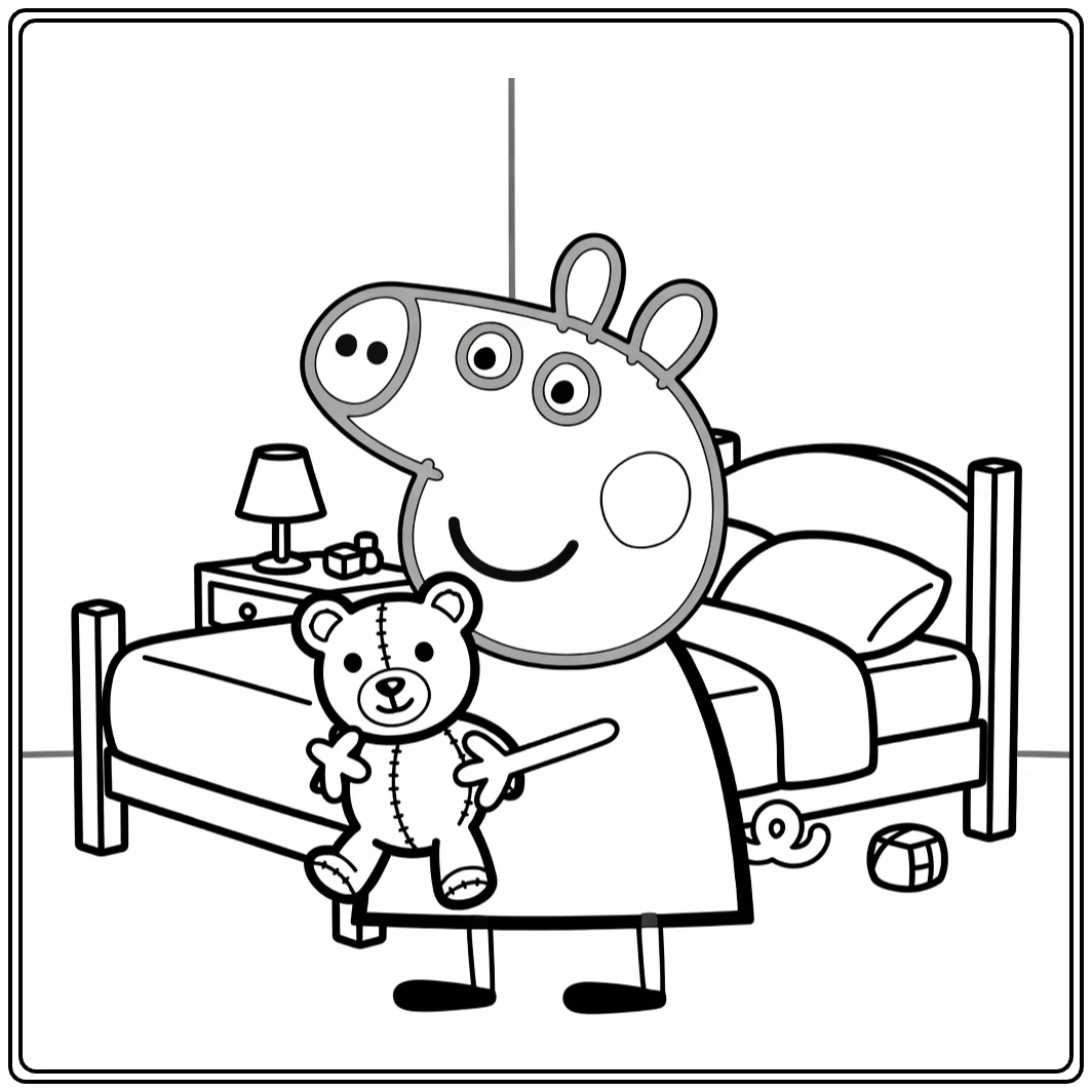 Peppa Pig Holding a Teddy Bear in the Bedroom coloring page