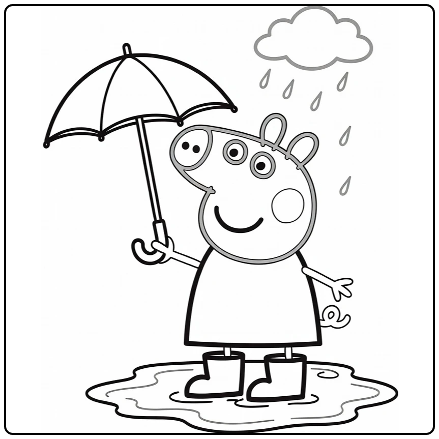 Peppa Pig Smiling Under Umbrella in Puddle coloring page