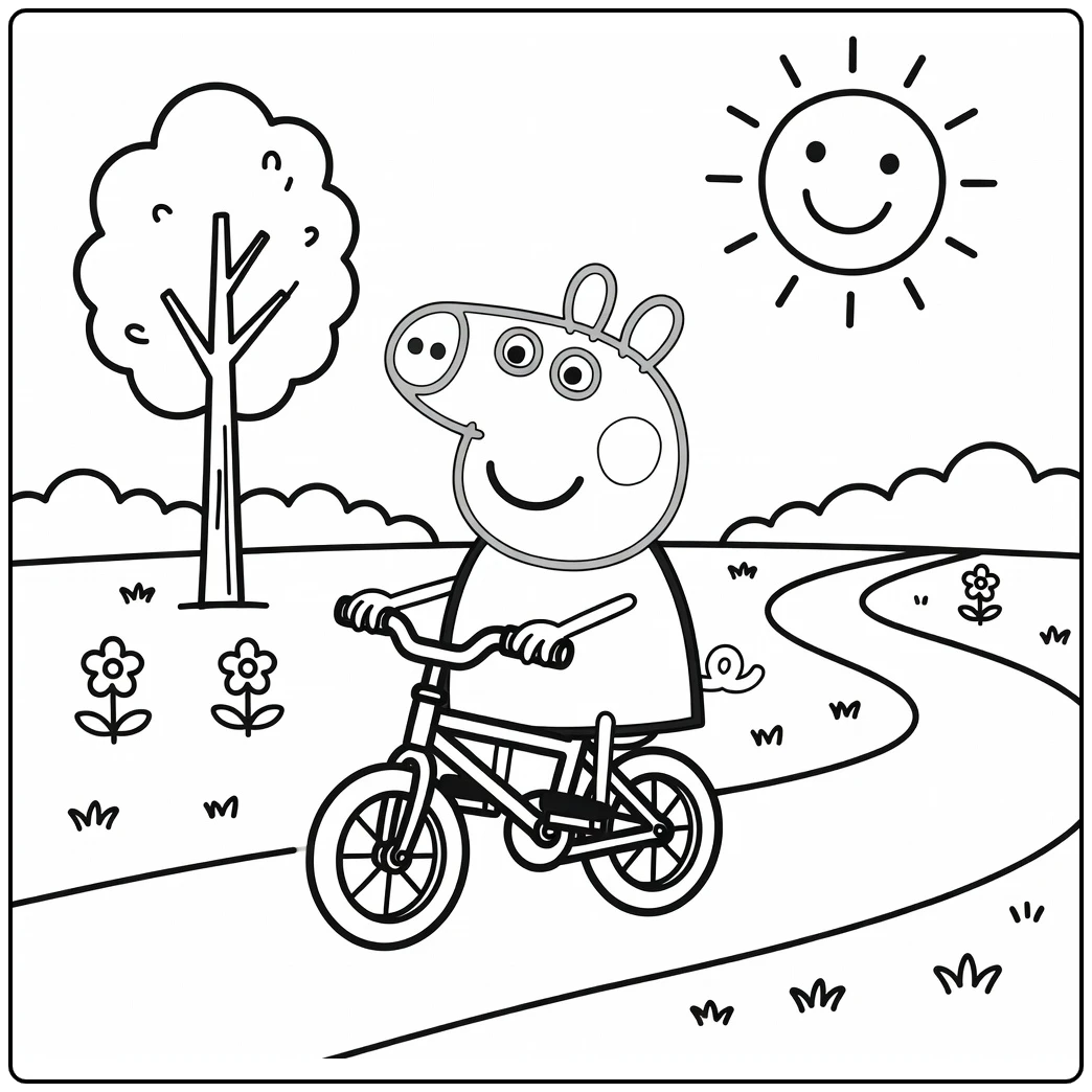 Peppa Pig on Bicycle Along Path with Tree coloring page