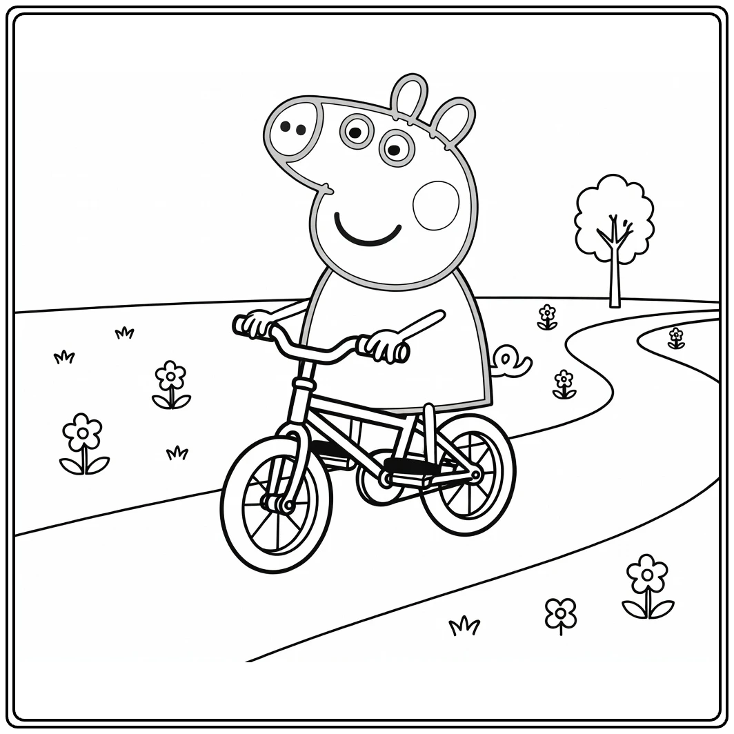 Peppa Pig on Small Bike with Flowers coloring page