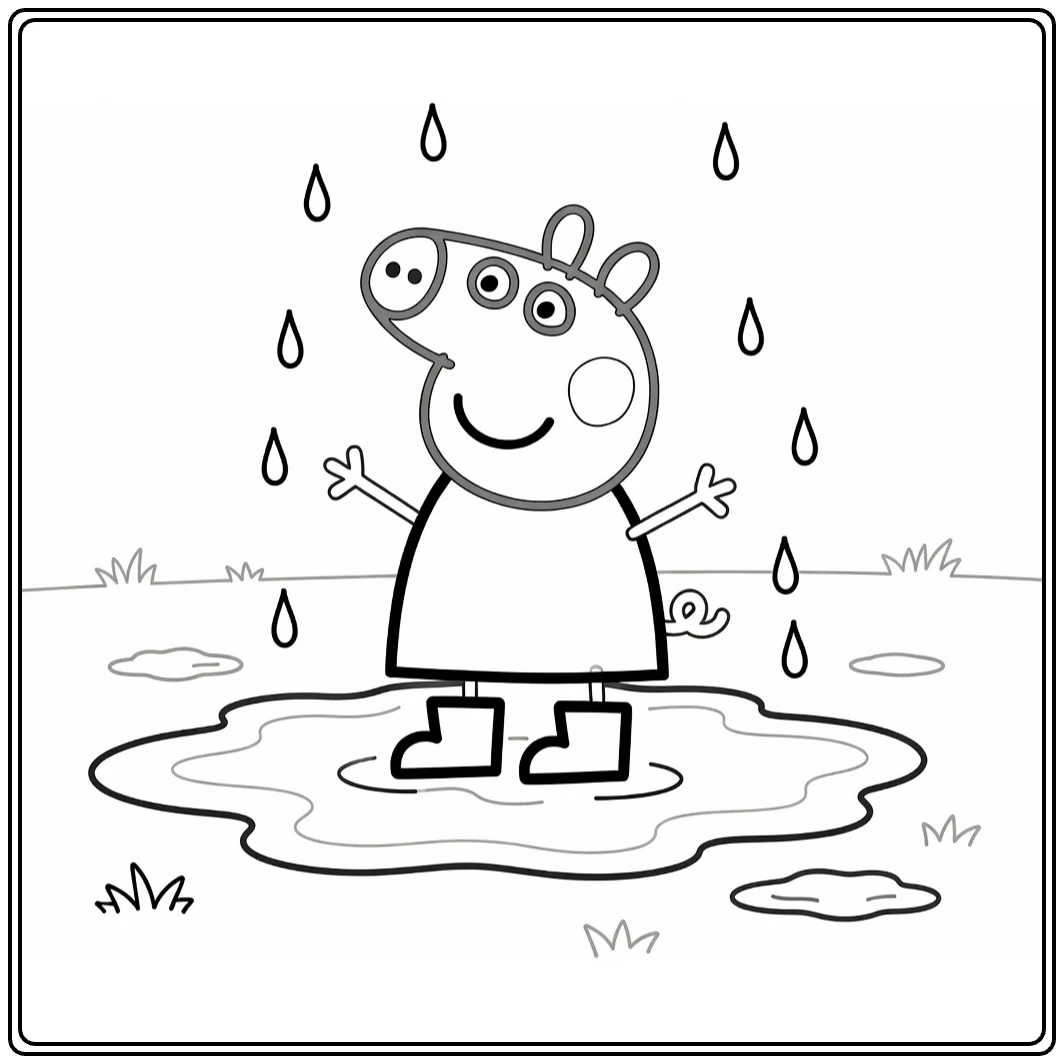 Peppa Pig Cheerful in Puddle with Boots Arms Wide coloring page