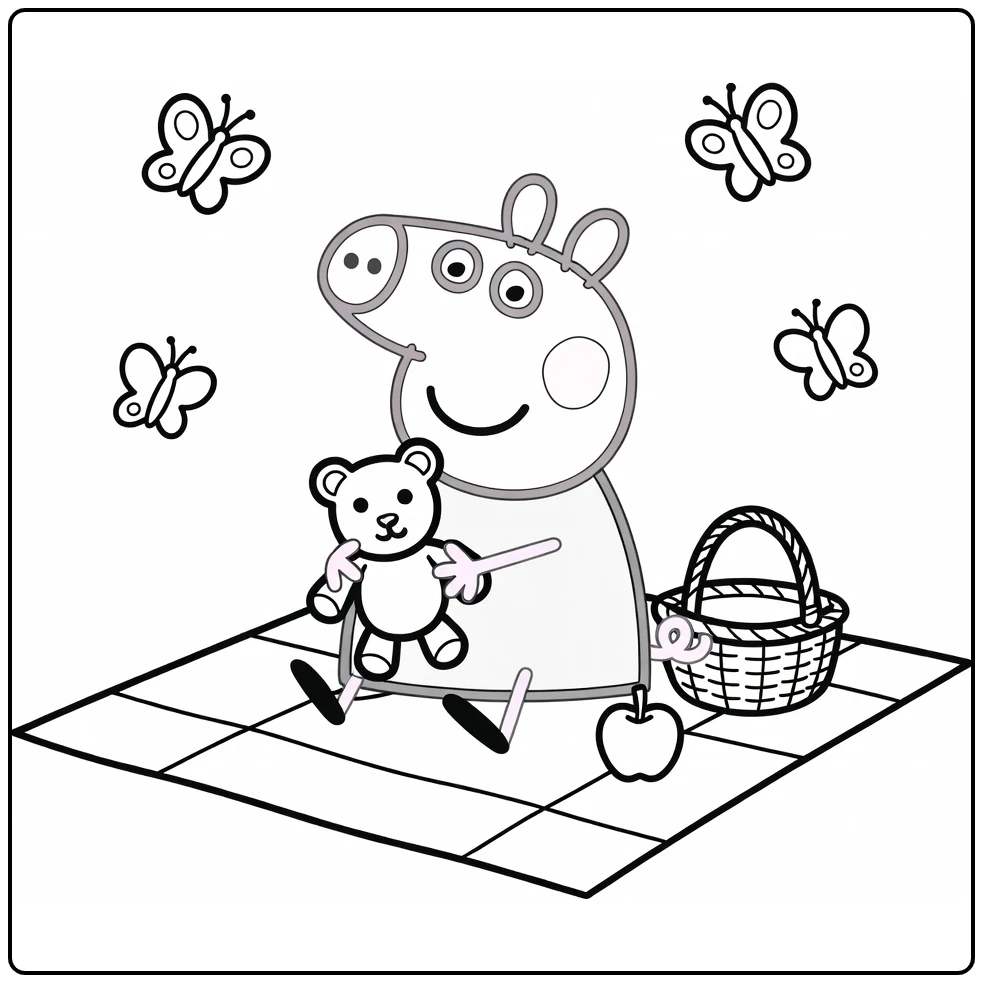 Peppa Pig Picnic with Teddy Bear and Butterflies coloring page