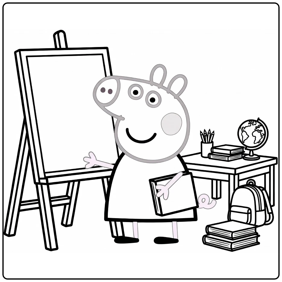 Peppa Pig School in Class with Donkey and Book coloring page