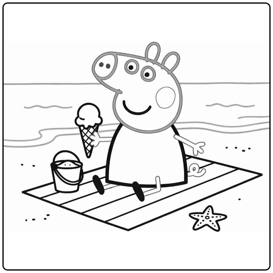 Peppa Pig Beach on Blanket with Ice and Bucket coloring page