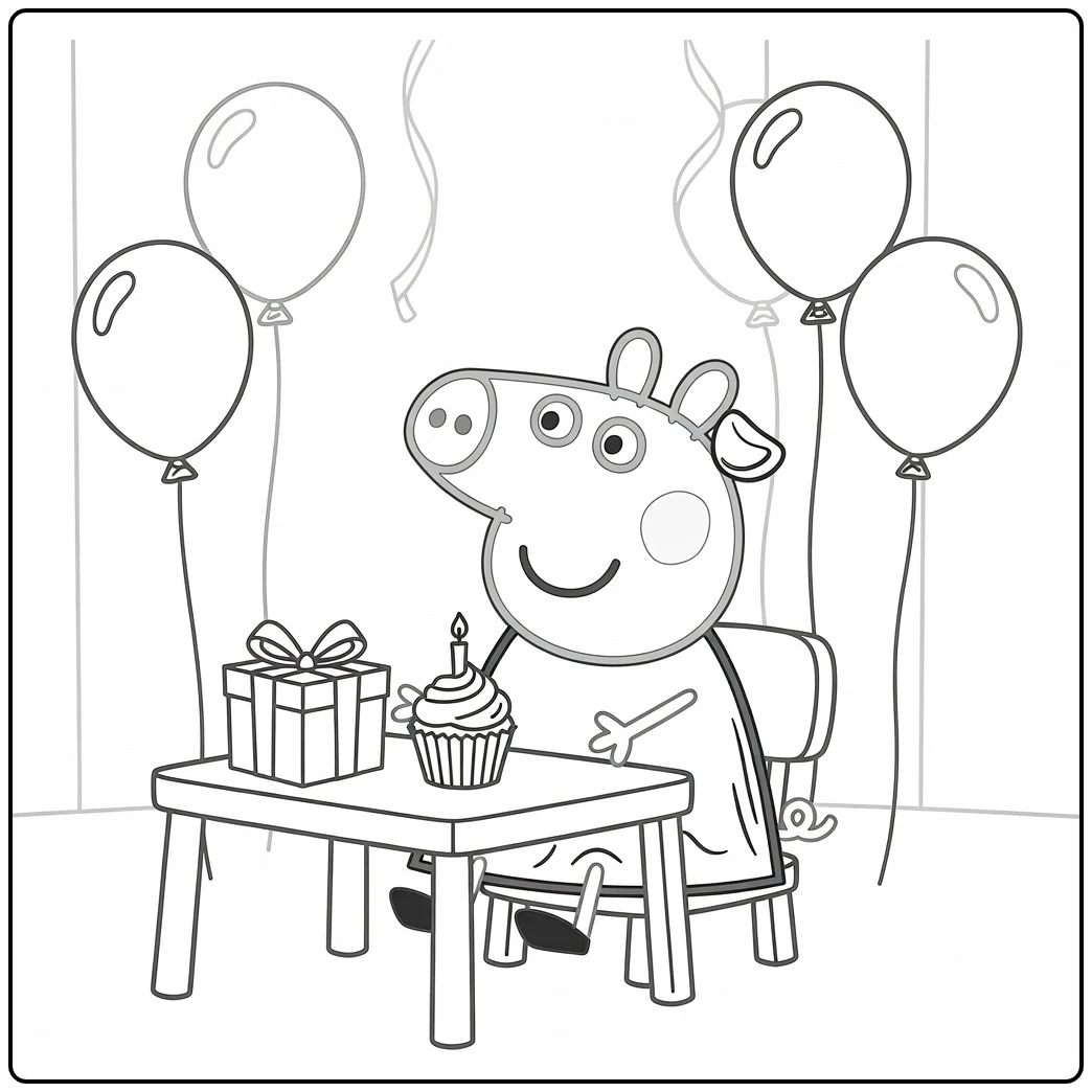 Peppa Pig Birthday Party with Gift and Balloons coloring page