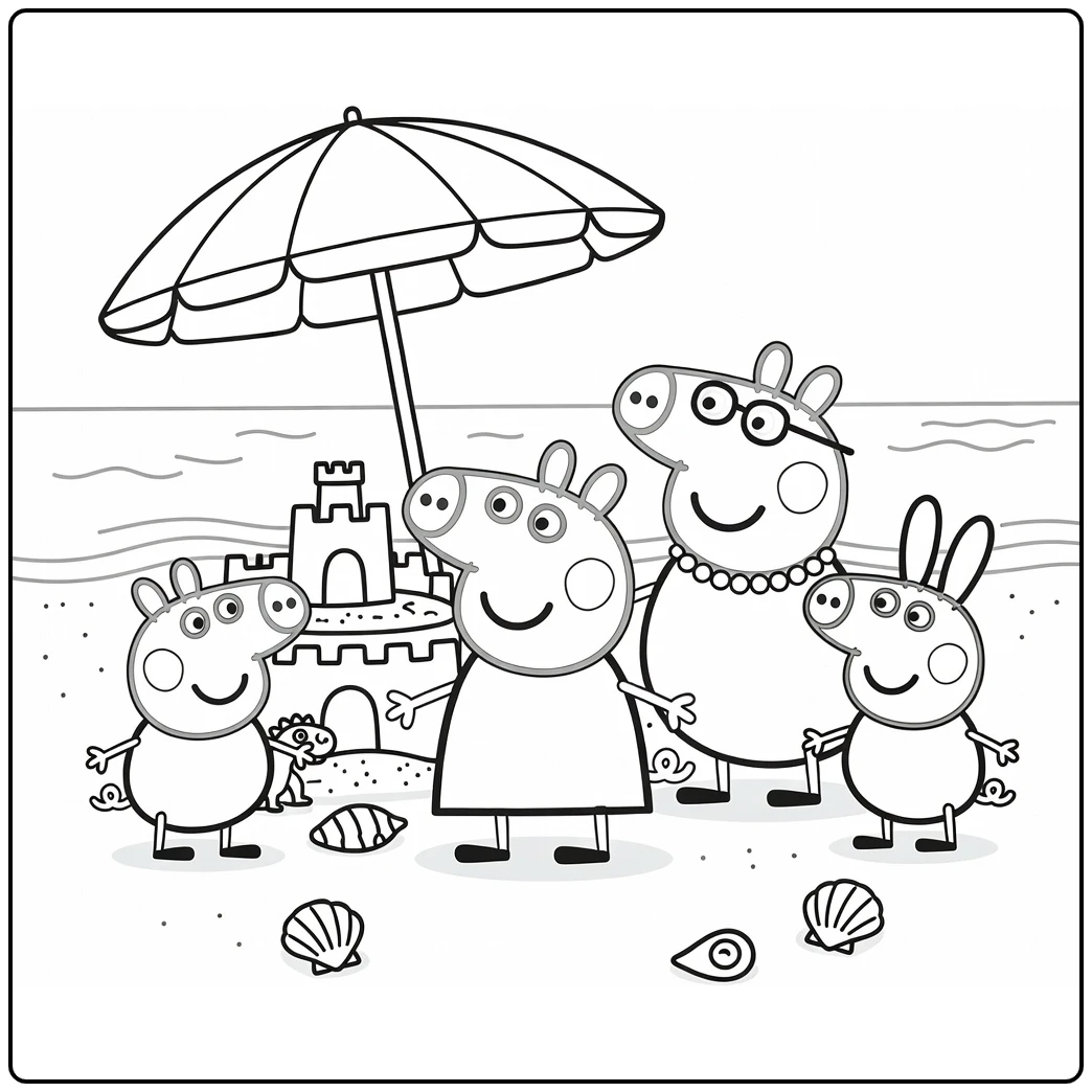 Peppa Pig coloring page with family on a sunny beach