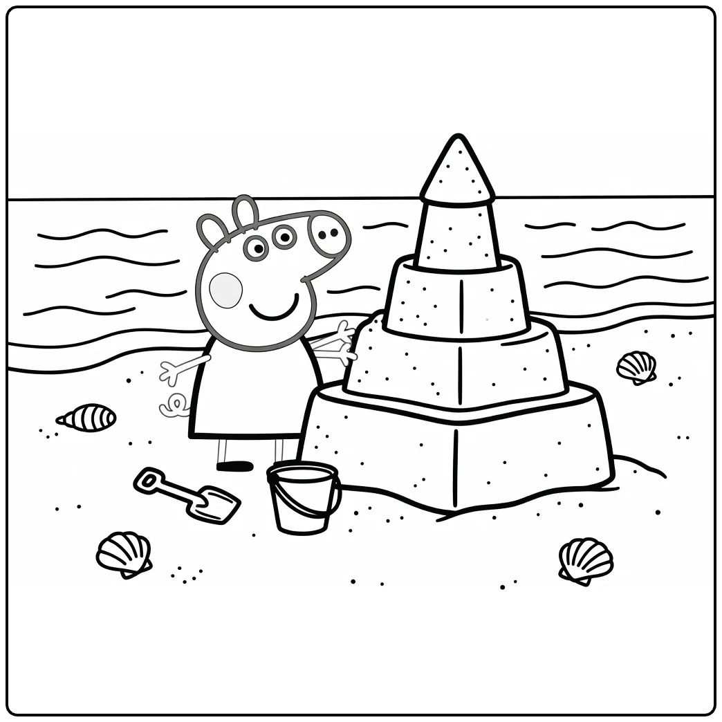 Peppa Pig Beach with a Sand Castle and Shovel coloring page