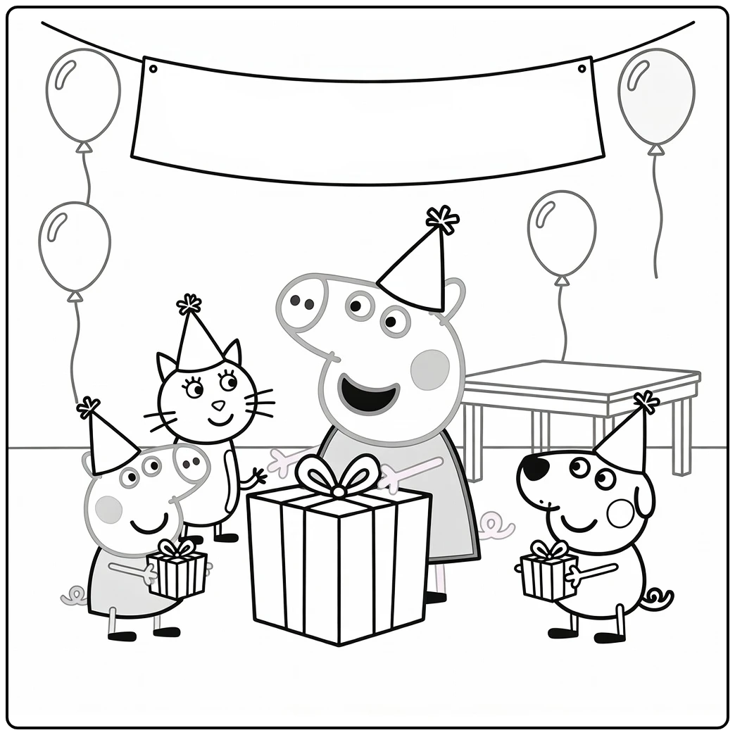 Peppa Pig Birthday Party with George and Balloons coloring page