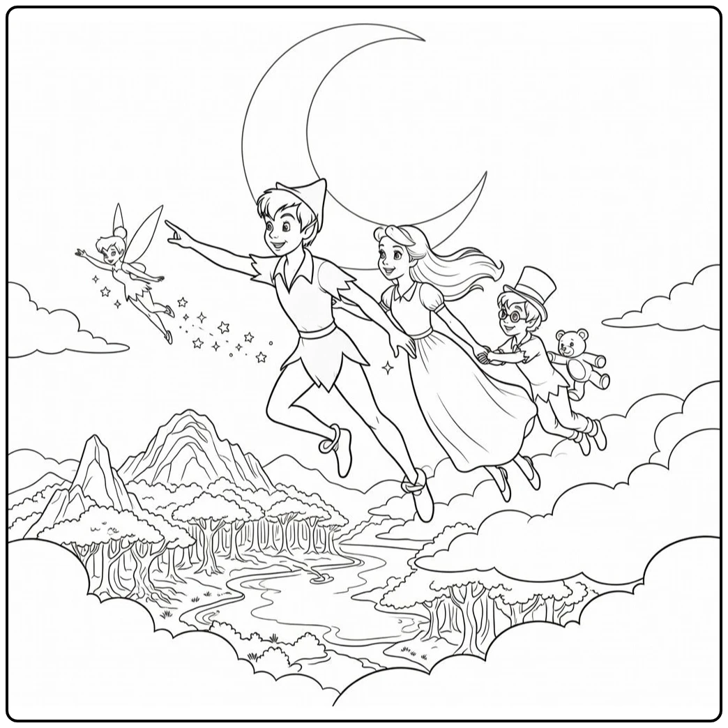 Peter Pan Leading Wendy and Brothers coloring page