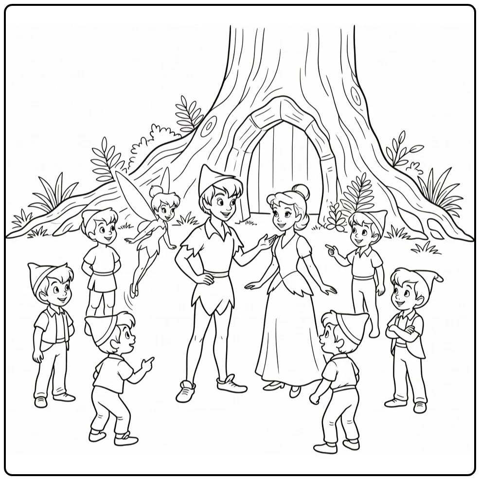 Peter Pan and Tinker Bell in Forest Meadow coloring page