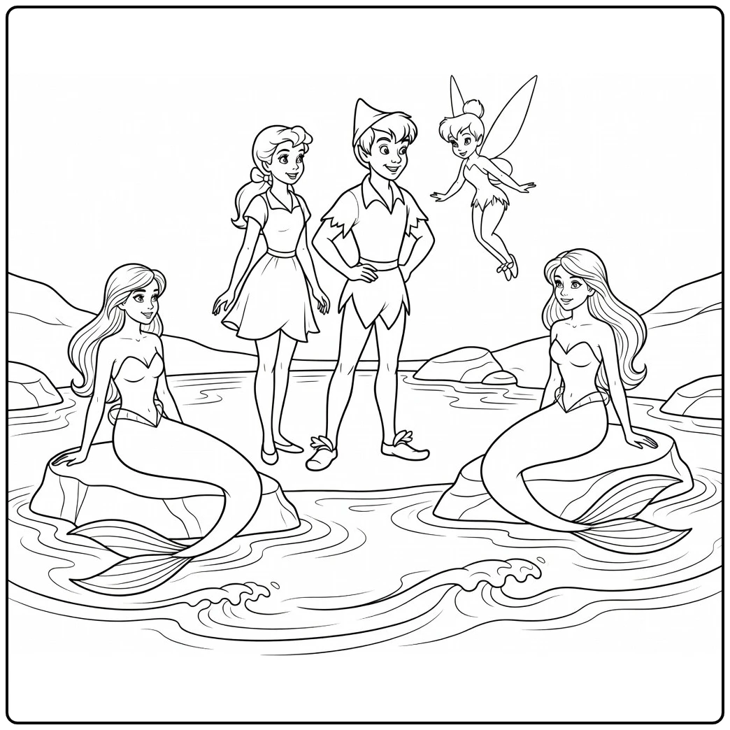 Peter Pan Wendy and Tinker Bell with Lagoon coloring page