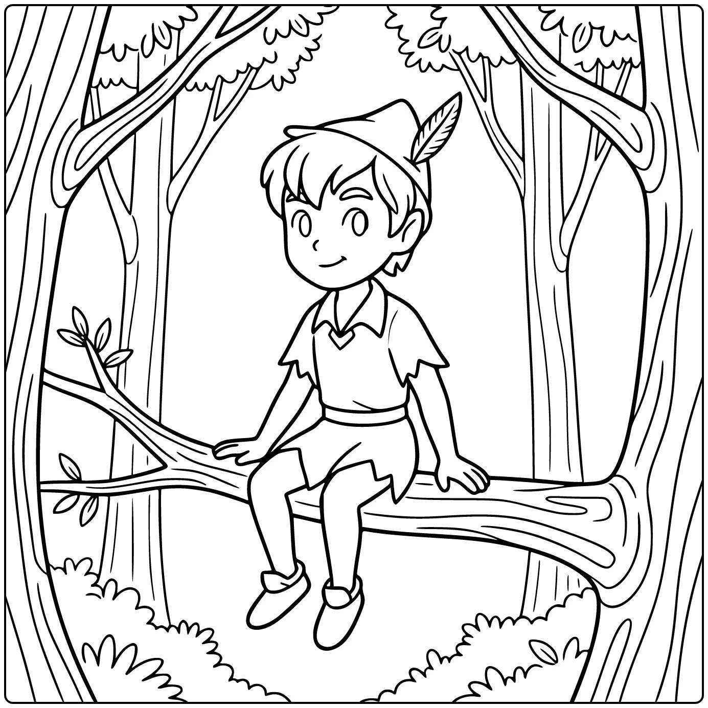 Peter Pan on Big Branch in Calmly Forest coloring page