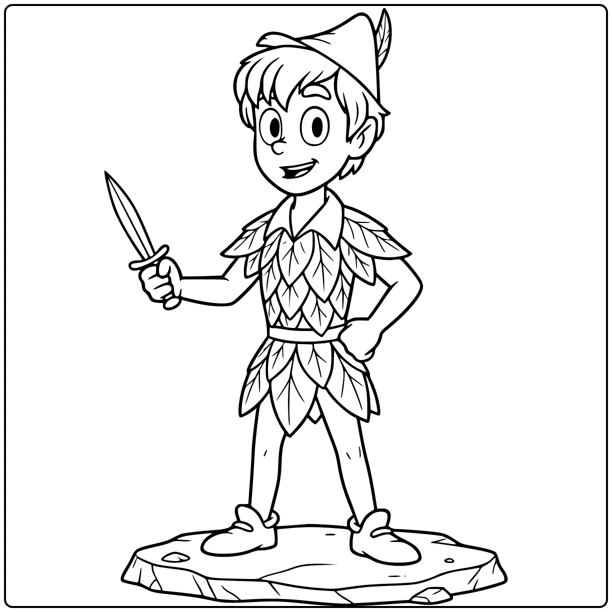 Peter Pan coloring page standing proudly on a rocky ledge