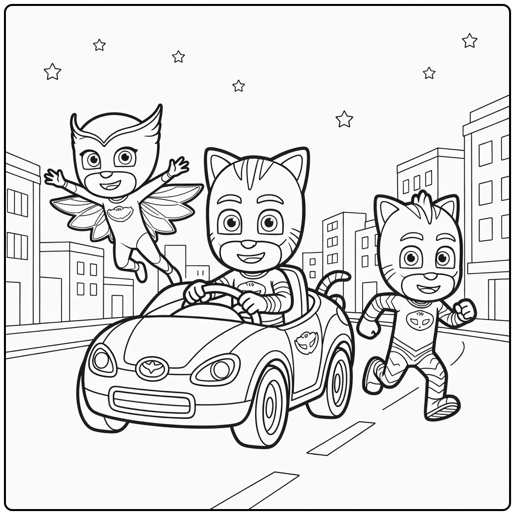 PJ Masks Catboy in Cat Car with Owlette and Gekko on Road coloring page