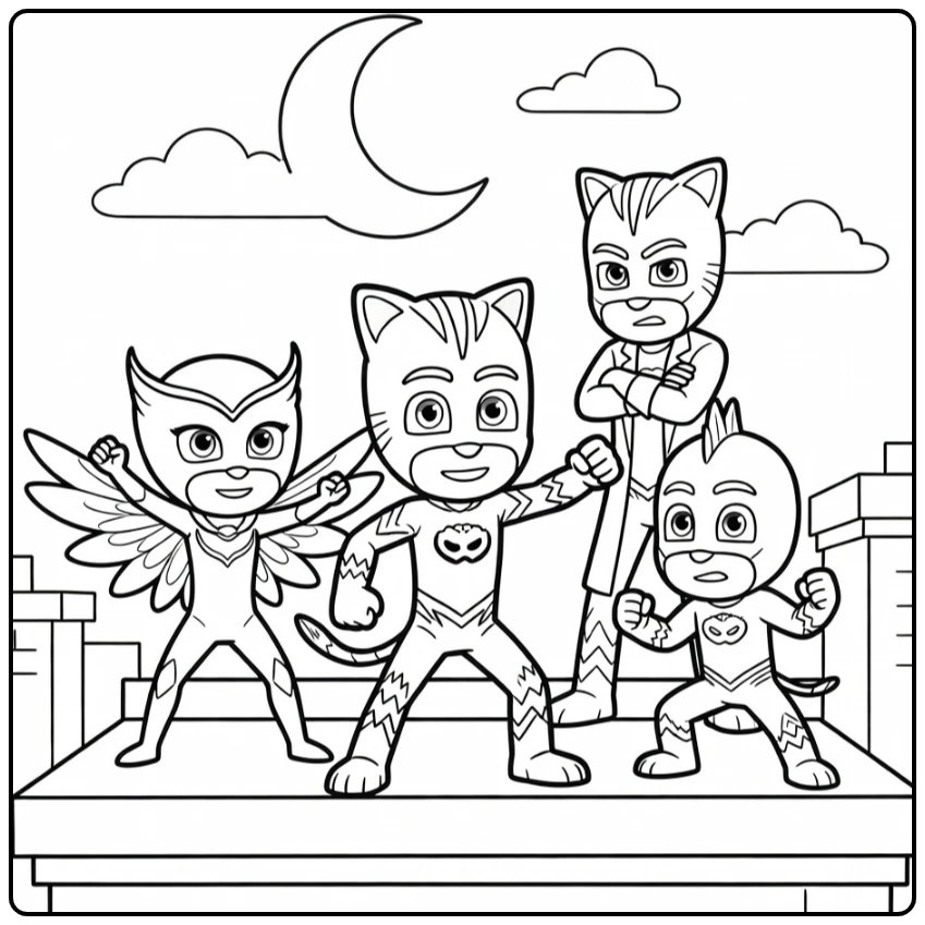 PJ Masks Catboy Leading Team in Rooftop Battle with Romeo and Moon coloring page