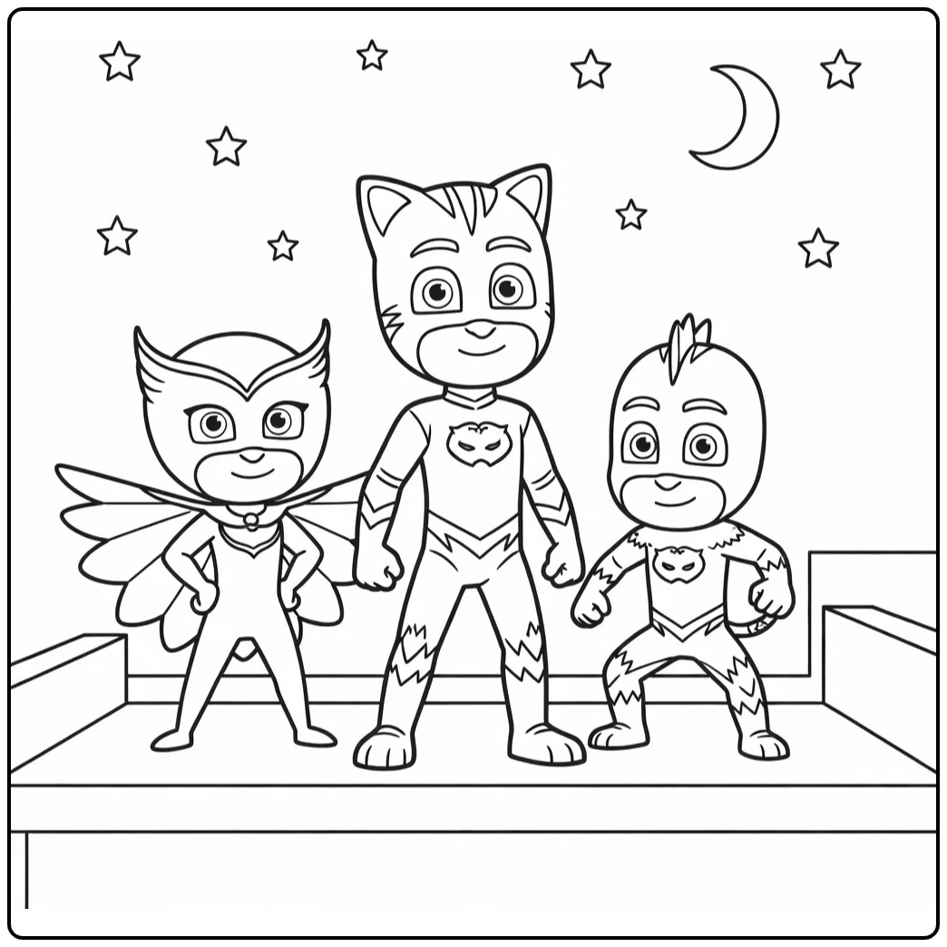 PJ Masks Catboy Proudly in the Center Night Scene Stars coloring page