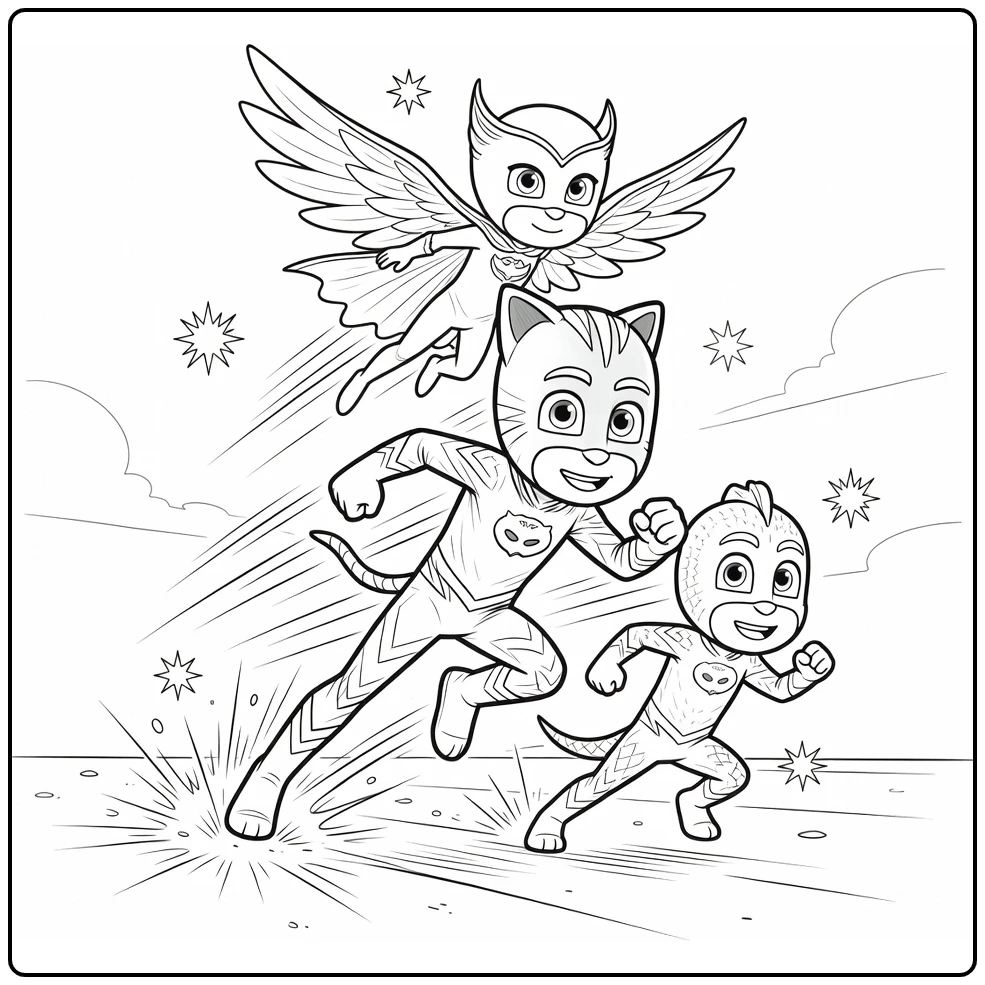 PJ Masks Catboy Front in Action with Team coloring page