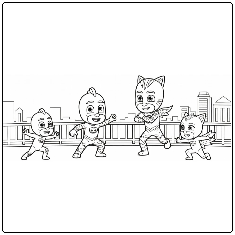 PJ Masks Gekko Confronts Night Ninja on Bridge coloring page
