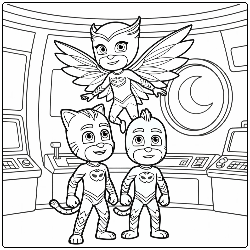 PJ Masks coloring page with a printable superhero scene