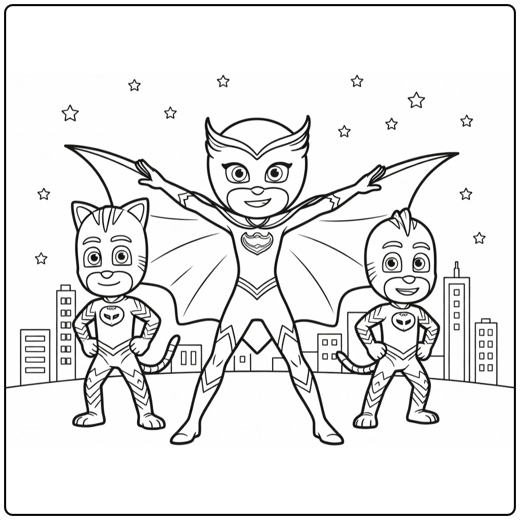 PJ Masks Owlette the Center in City Skyline with Stars coloring page