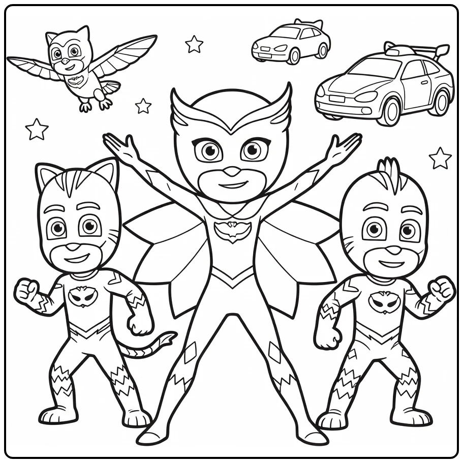 PJ Masks Owlette Prominent Catboy and Gekko Beside Them coloring page