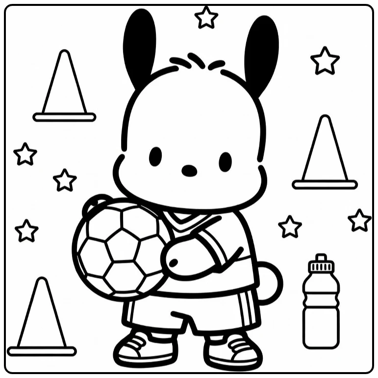 Pochacco Playful Sports Scene with Ball and Stars coloring page