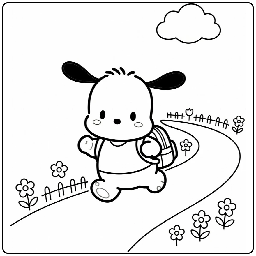 Cheerful Pochacco on Path with Small Fence coloring page