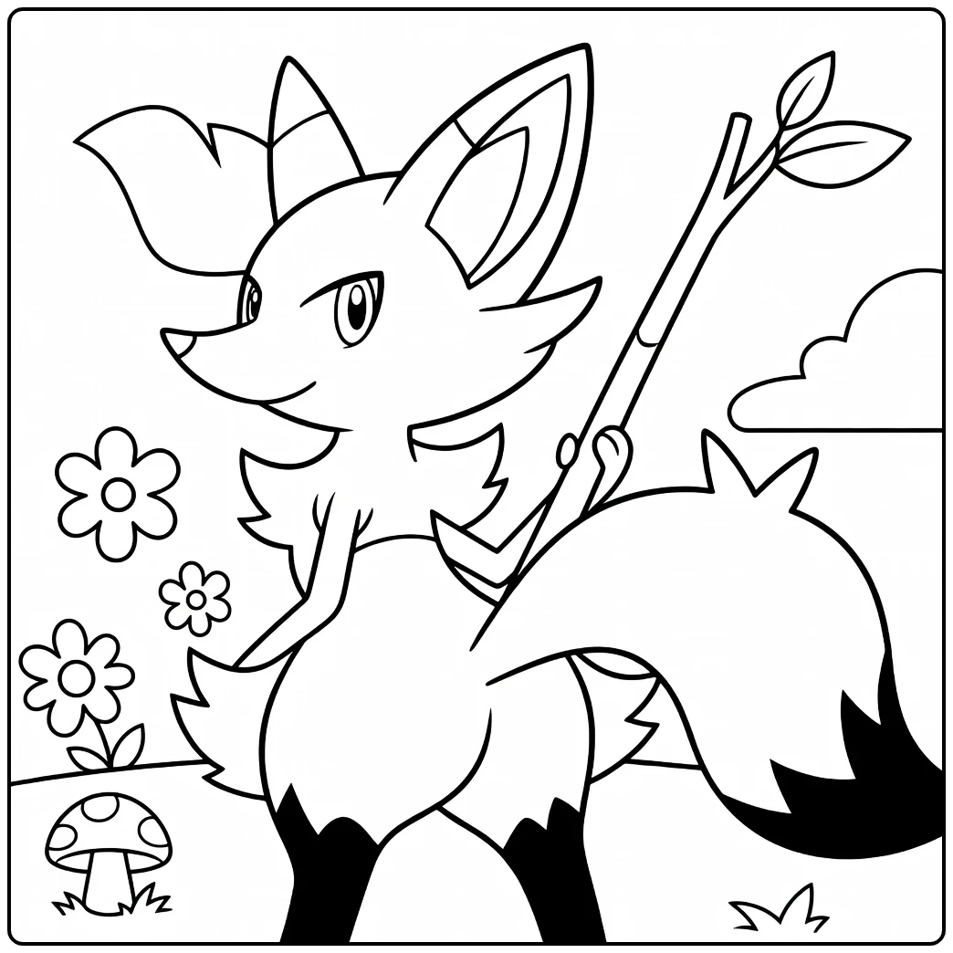 Pokemon Braixen Little Fox with Branch and Nature coloring page