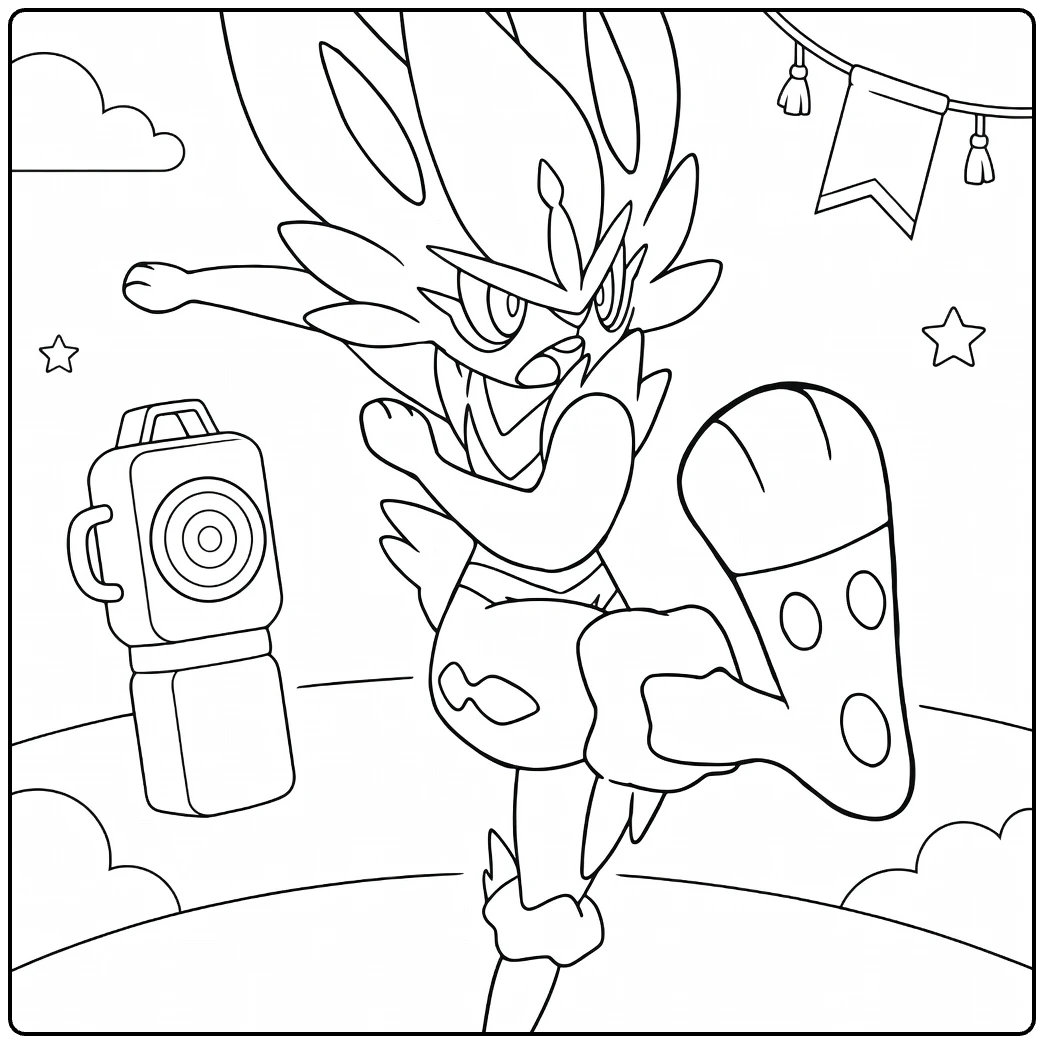 Pokemon Cinderace in Action with Camera coloring page