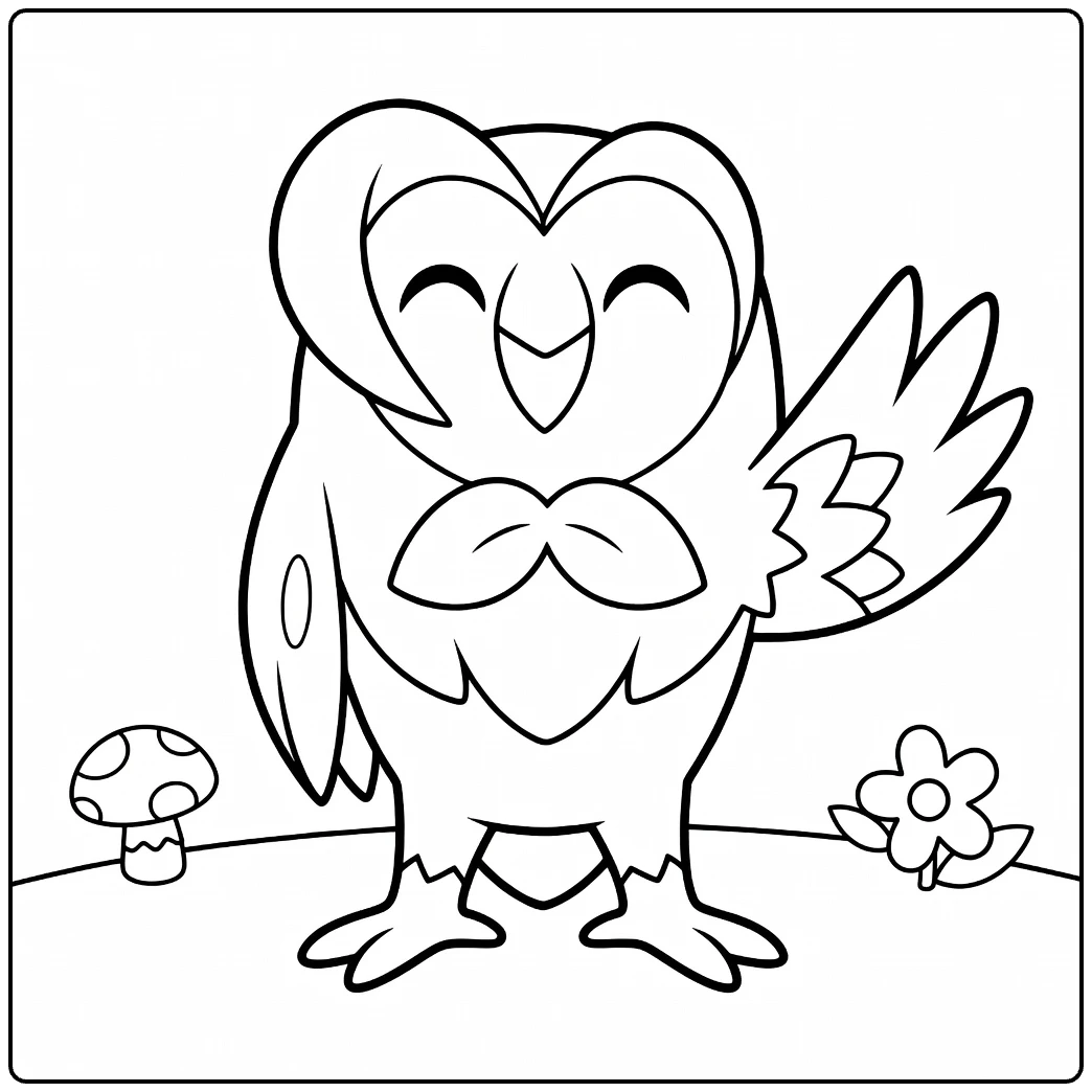 Pokemon Dartrix Happy Grass Owl with Leaves coloring page