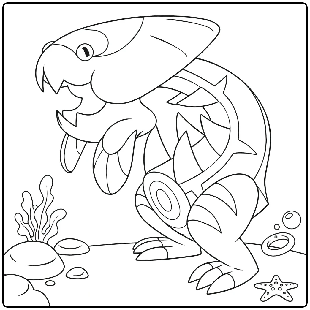 Pokemon Dracovish Roaring in Sea with Rocks coloring page