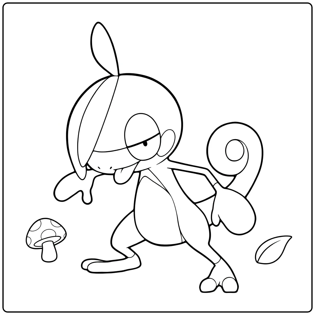Pokemon Drizzile in Action with Mushroom and Leaf coloring page