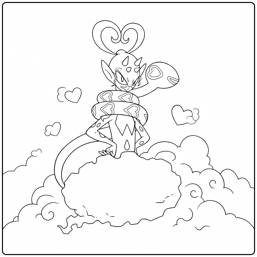 Pokemon Enamorus on Clouds with Serpent coloring page