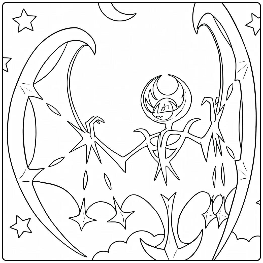 Pokemon Lunala in Night Sky with Stars coloring page