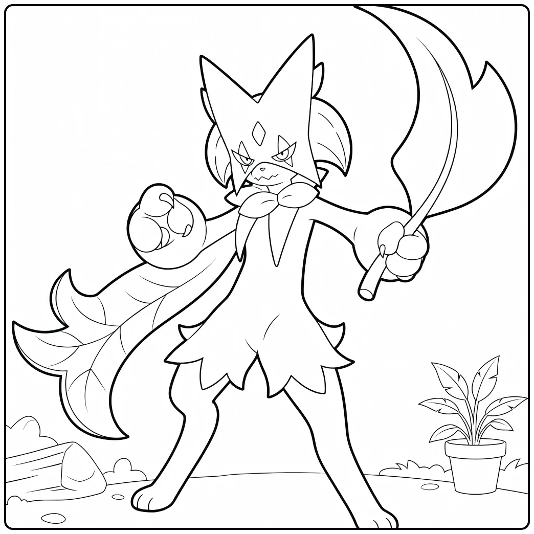 Pokemon Meowscarada Action with Plant coloring page