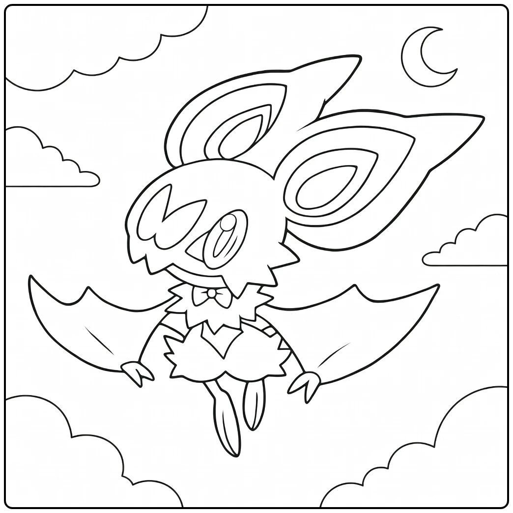 Pokemon Noibat in Nighttime Sky with Wings coloring page