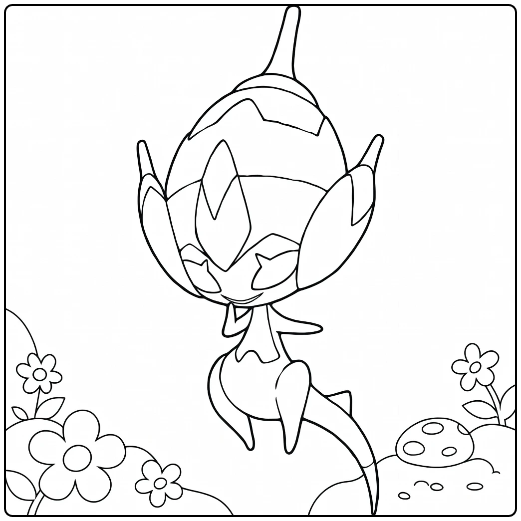 Pokemon Poipole Among Flowers and Mushrooms coloring page