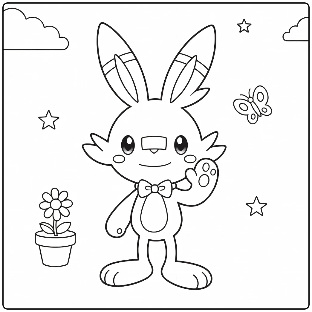 Pokemon Scorbunny Bow and Flower coloring page