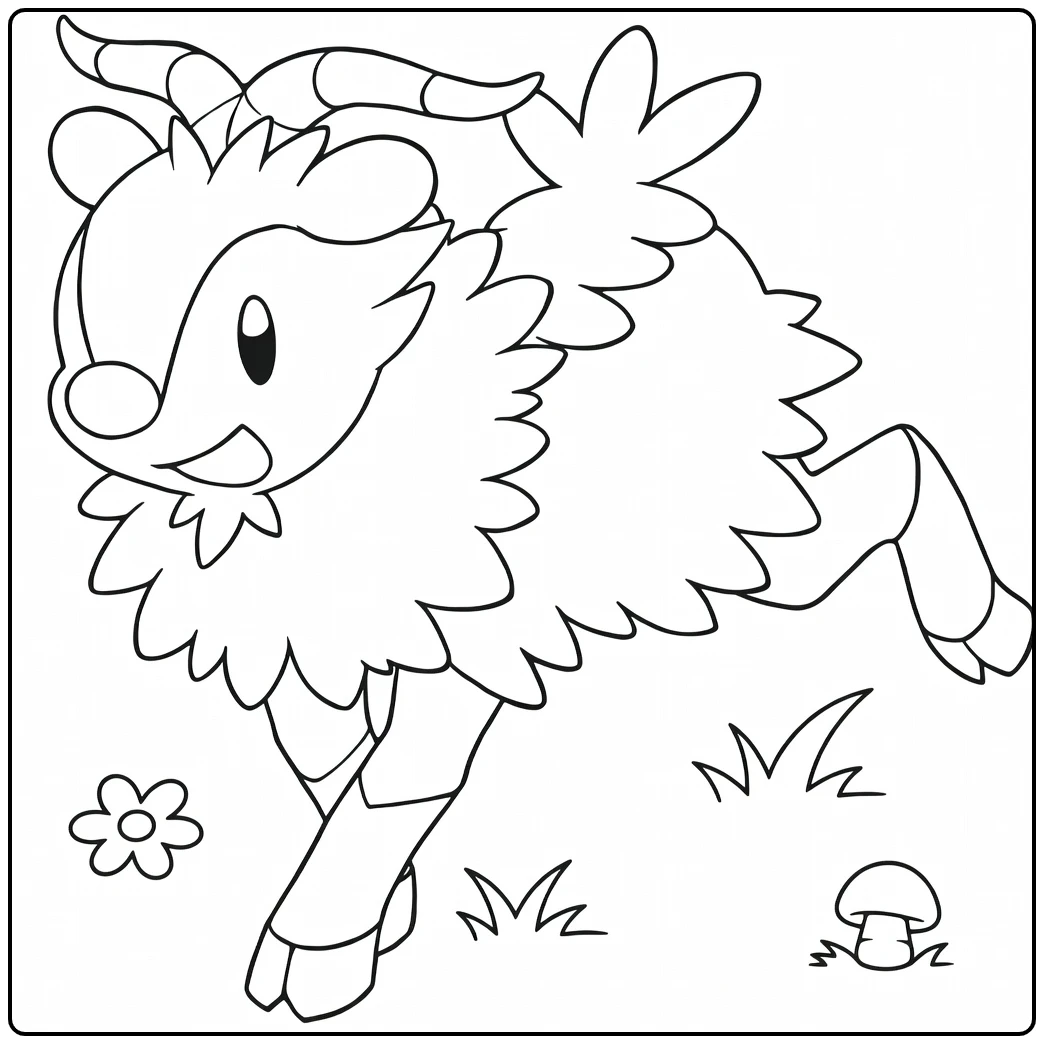Pokemon Skiddo Cheerful in Grass with Mushroom coloring page