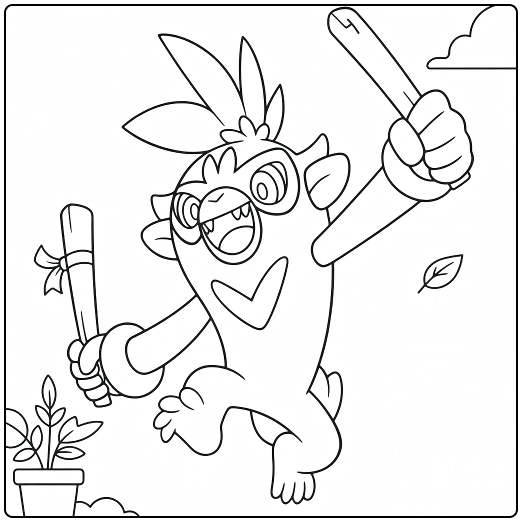 Pokemon Thwackey in Dynamic Action with Plants coloring page