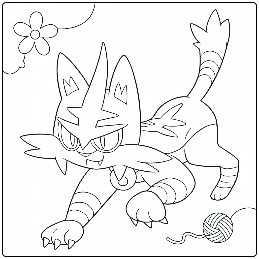 Pokemon Torracat Ball Yarn and Flowers coloring page
