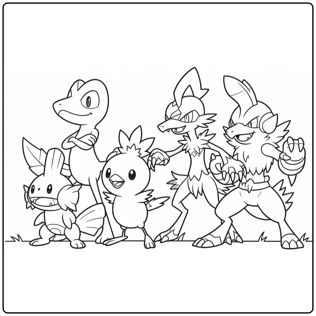 third generation Pokemon coloring page with Treecko, Torchic, Mudkip, Grovyle, and Combusken